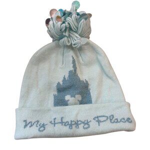 Disney My Happy Place Light Blue Knit Beanie Hat With Sequin Pom Top